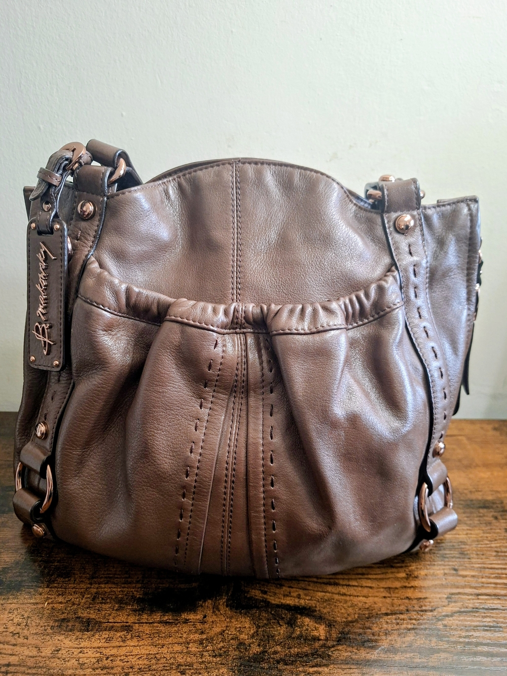 B. Makowsky Large Chocolate Brown Genuine Leather Handbag Purse w/ Storage Dust